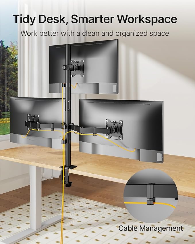 monTEK Triple Monitor Stand Mount, Fully Adjustable Desk Mount for 3 Screen up to 17”-32” and 22lbs Capacity Each Arm, Stable Monitor Arm with C Clamp and Grommet Base, VESA 75x75mm/100x100mm