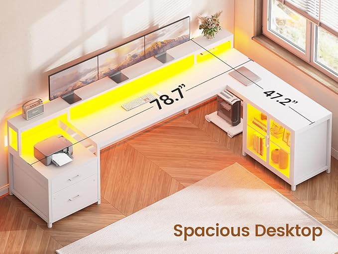 SEDETA 78.7” Large Gaming Computer Desk with Storage Drawers, Reversible L Shaped Office Desk with Display Cabinet and Power Outlet, Corner Gaming Desk with LED Lights for Home Office, White
