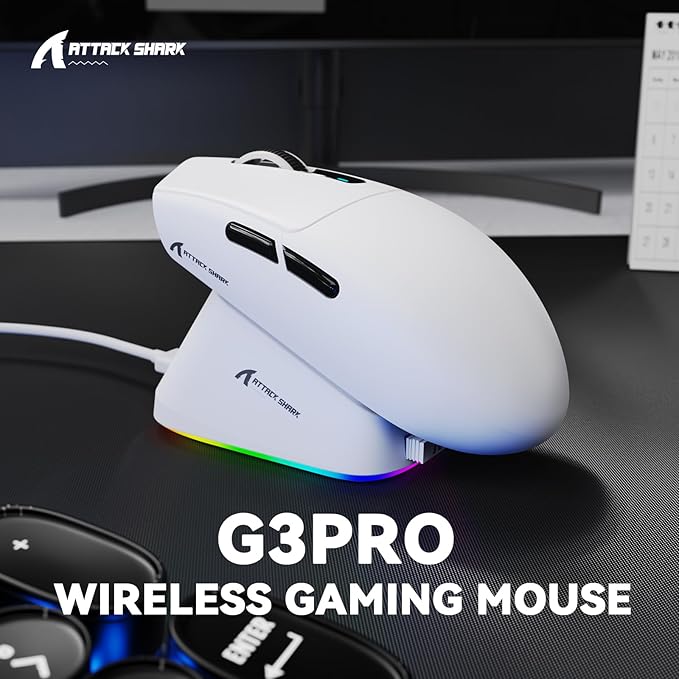MAMBASNAKE ATTACK SHARK G3PRO Wireless Gaming Mouse, Tri-Mode, Bluetooth/2.4G/USB, 59g Ultra Lightweight,25K DPI,100M Clicks Switches,RGB Magnetic Charging Dock,PAW3311 Sensor,BK52820 Chip-White