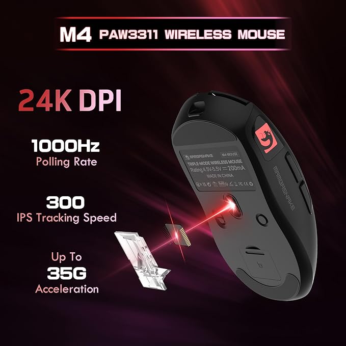 ATTACK SHARK × MAMBASNAKE M4 Wireless Gaming Mouse, 24000 Adjustable DPI PAW3311 Optical Sensor, Programmed Buttons, 52g Lightweight Ergonomic Computer Mice 2.4G/BT/USB-C for PC/Mac-Black