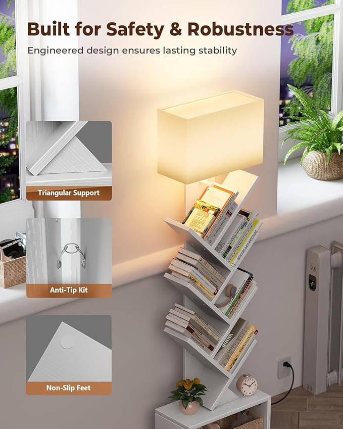 Evermagin 6 Tier Tree Bookshelf with Light, Narrow Bookcase Tower, Tall Floor Standing Book Shelf Organizer with Storage Cabinet for Living Room, Bedroom and Home Office, White