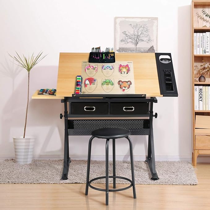 Topeakmart Height Adjustable Drafting Table Drawing Desk Tiltable Tabletop Art Craft Work Station with Stool for Artists Painters Students Adults