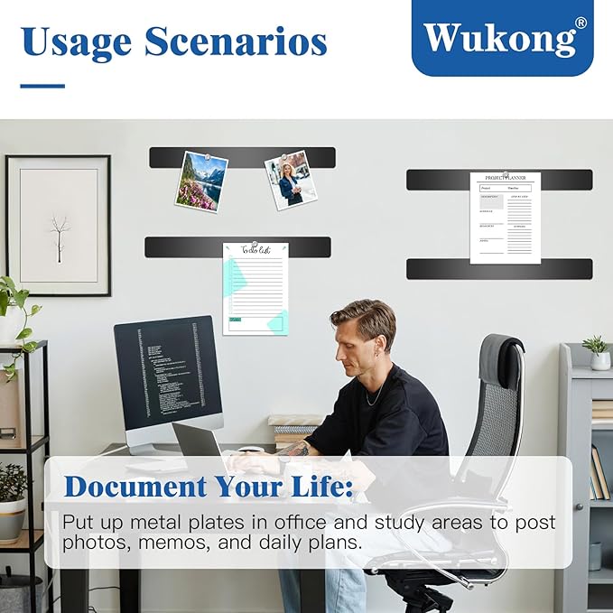 Wukong 5 Pack | 30x4cm (11.81 x 1.57) Magnetic Stainless Black Board Strips, Adhesive Backing Bulletin Bar, Memo Strip with 30pcs 5x3mm Magnets for Office, Home, Photo Wall, Documents