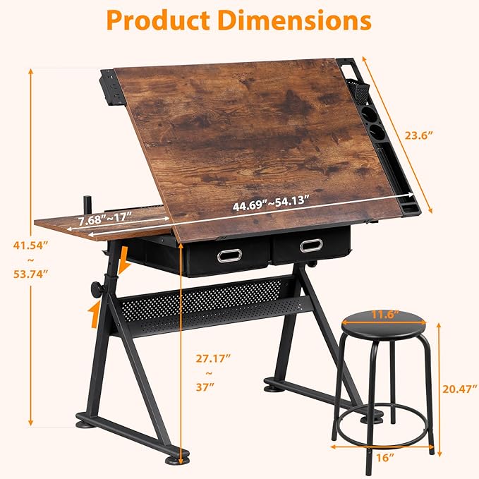 HomGarden Height Adjustable Drafting Desk Drawing Table Art Craft Work Station w/Stool, Power Outlet and Storage Drawers for Home Office Study Room, Rustic Brown