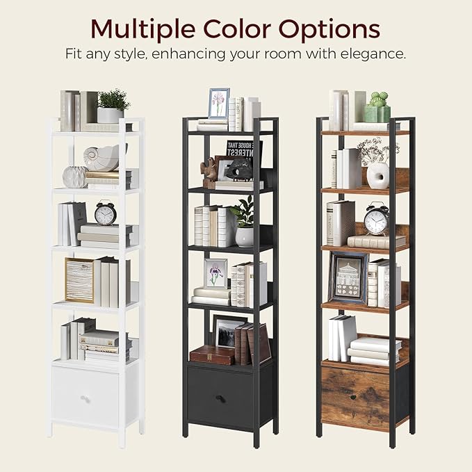 MAHANCRIS Bookshelf, 6-Tier Bookcase with Drawer, Small Book Shelf for Small Space, Storage Shelf Organizer, for Living Room, Bedroom, Study, Kitchen, Rustic Brown and Black BKHR66101