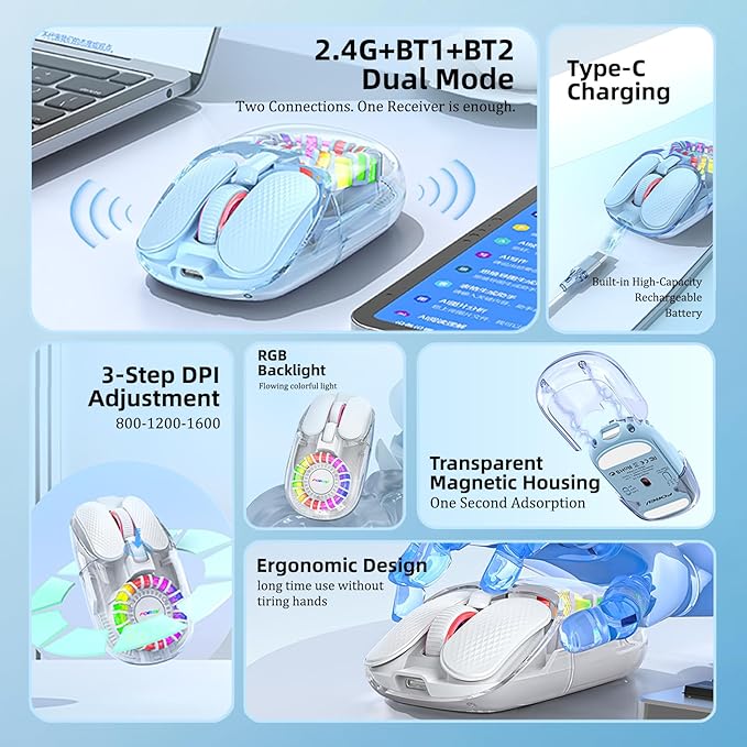Wireless Bluetooth Mouse, Transparent BT+2.4G Dual-Mode Gaming Mouse with Magnetic Top Cover, Rechargeable RGB Backlit Computer Mouse for Laptop, PC, MacBook, iPad (Blue)