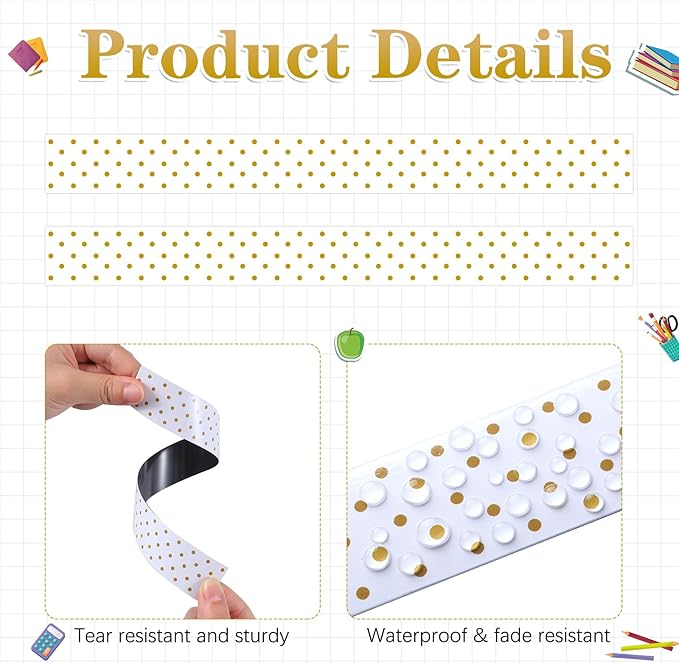 Ireer 24 Pieces Magnetic Strips Retro Magnetic Border for Classroom Whiteboard Bulletin Board Decorative Strips with Adhesive Borders for Bulletin Chalkboard(Gold Dot)