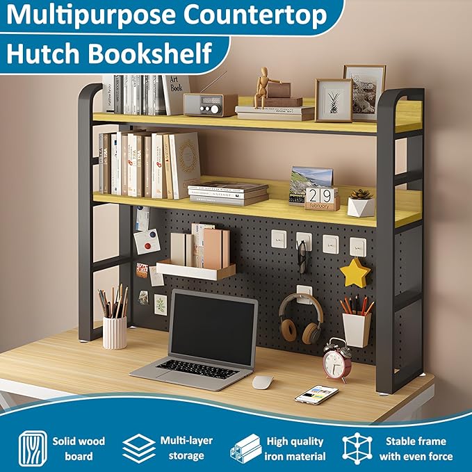 Desktop Hutch Bookshelf with Pegboard,Desk Organizer Shelf Bookcase, Countertop Storage Organizer Rack for Dorm Office Home Dormitory (Black, 95CM/37.4IN)