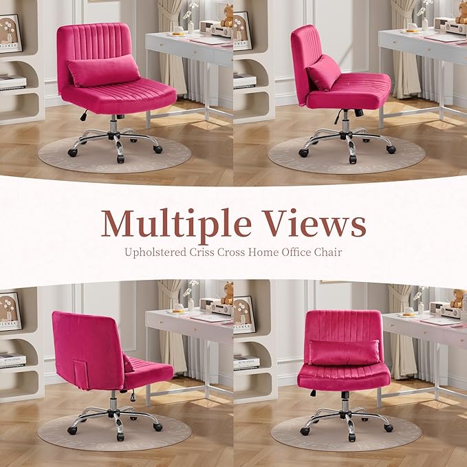 Warmiehomy Criss Cross Office Chair with Wheels, Velvet Cross Legged Desk Chairs for Home, Height Adjustable Swivel Wide Seat Computer Chair, Modern Vanity Chair for Women, Barbie Pink