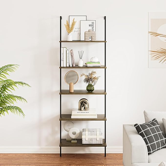 Wolawu 5 Tiers Ladder Shelf Brown Modern Bookshelf Open Tall Wall Mount Bookcase Standing Leaning Wall Shelves Industrial Decorative Living Room Bed Room