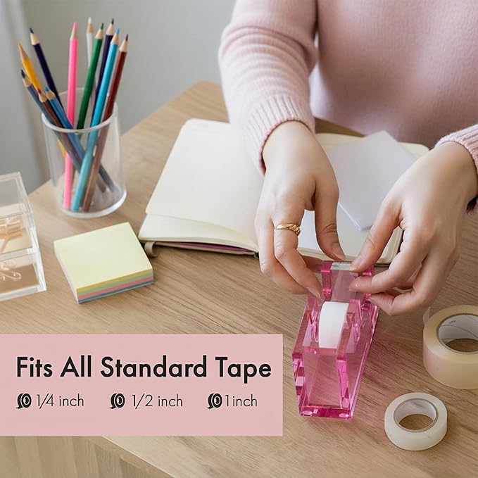 OfficeGoods Acrylic Tape Dispenser – Modern Desk Organizer for Office Supplies, Heavy Duty Refillable Tape Holder for Home and School Crafting, Stylish Desktop Accessory for Gift Wrapping, Pink