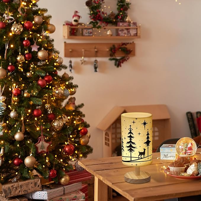 Glooglitter Christmas Lamp Christmas Decorations Indoor 11.6 Inch Small Xmas Tree Deer Bedside Table Light LED Desk Light USB Nightstand Lamp with Non Slip Wood Base Lampshade for Gifts Home Desk