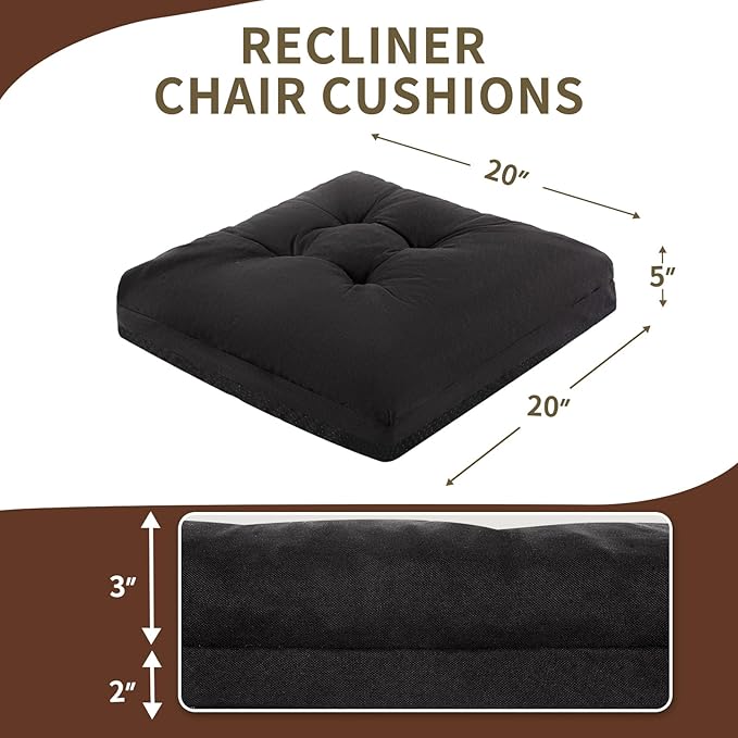 Recliner Cushions, 20x20x5 Inch Double Layer Design Chair Cushion, Soft Tufted Thickened Seat Cushions for Elderly, Black