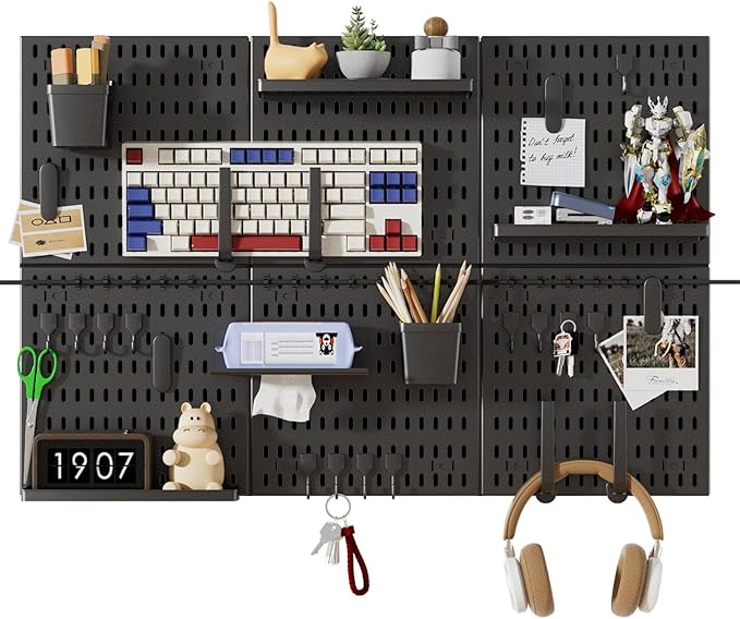SHGJ&SOFT Peg Board Wall Organizer Panels, 50pcs - Includes 6 Black Pegboards & Accessories, Plastic Pegboard for Home，Office, Craft Room, Gaming Setup, 24″×24″, Wall Mount Display Pegboard Panel Kits
