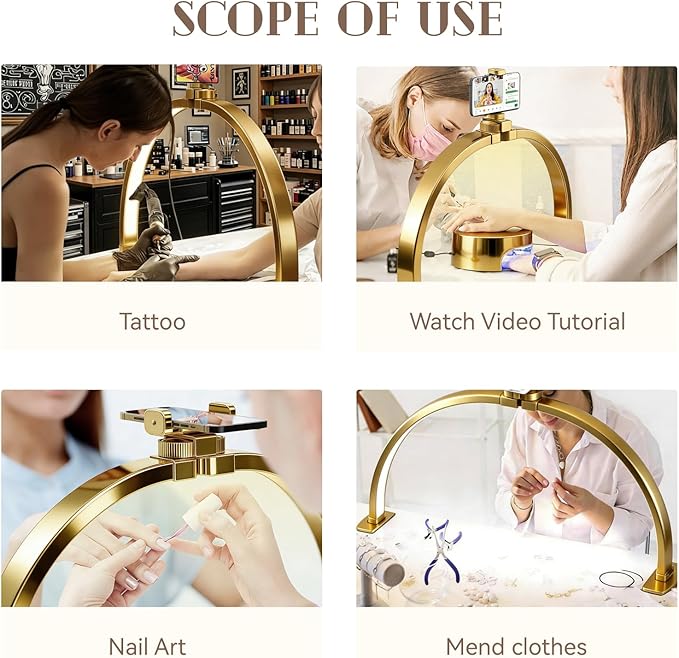 Kadden Foldable Large Half Moon LED Light for Table Nail Desk with Phone Stand, Upgrade Arch Light for Nail Techs with Wire Controller for Manicure Tattoo Beauty (Gold, Large)