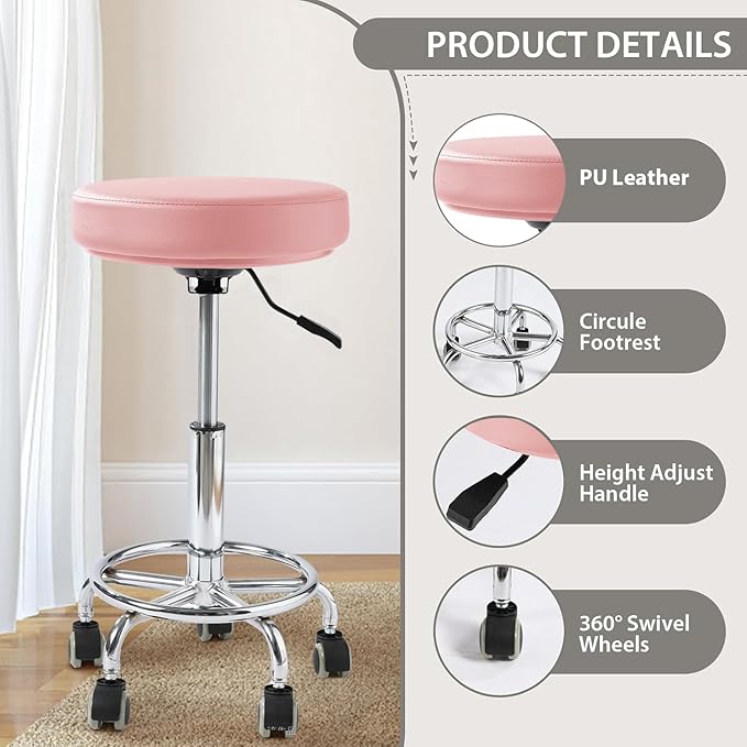 Adjustable Rolling Stool with Wheels Heavy Duty 500lb Round RollingStool with Footrest, Patent Leather Drafting Stool Chair with Wheels Work Spa Salon Seat, Pink