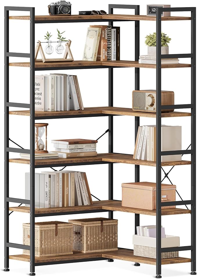 Casaottima Corner Bookshelf 6 Tier, 64 Inches Reversible Book Shelf for Living Room, Industrial Wooden Bookcase with Open Shelves and Metal Frame for Bedroom, Home Office, Kitchen, Vintage