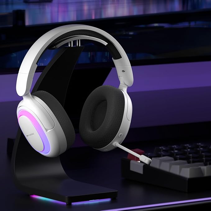 MageGee Aurora 2.4GHz Wireless Gaming Headsets for PS5, PS4, PC, Switch Bluetooth 5.3 Headphones with Noise Canceling Mic, 7.1 Surround Sound, Gaming Lighting, 40H Battery - White