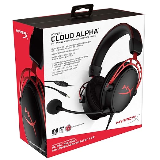 HyperX Cloud Alpha - Gaming Headset,Dual Chamber Drivers,Legendary Comfort,Aluminum Frame,Detachable Microphone,Works on PC,PS4,PS5,Xbox One/Series X|S,Nintendo Switch and Mobile – Red,(Pack of 10)