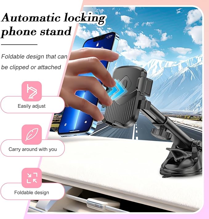 Car Phone Holder, 360° Adjustable Strongest Suction Vehicle Windshield Dashboard Air Vent Cell Phone Mounts, Hands Free Automotive Interior Smartphone Stand, Universal Fit (Black)