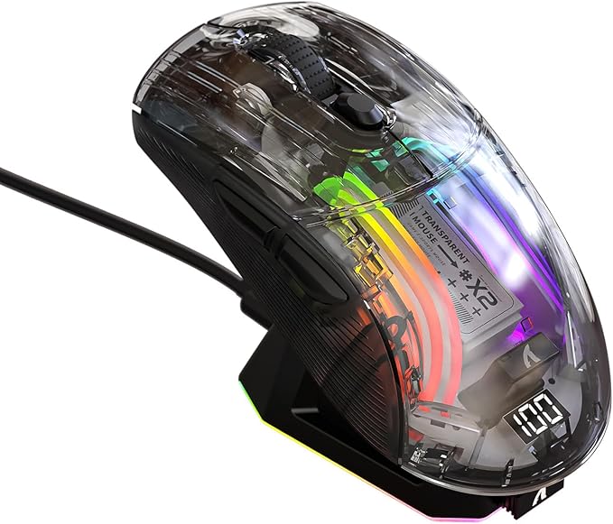 A.JAZZ Wireless Gaming Mouse with Full Transparent,Tri-Mode 2.4GHz/Bluetooth/Wired Mouse,Digital Display,Charging Base,3D RGB Backlit,Silent Mice with 7 Buttons,Wireless Mice for Laptop,PC,Mac(Black)