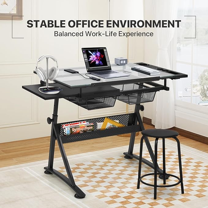 Athena Collection Drafting Table for Artists, Height Adjustable Drawing Table, Dual Desktop Art Desk Metal Frame Art Table Tiltable Craft Desk Paintings Work Station with Stool and Drawers, Black