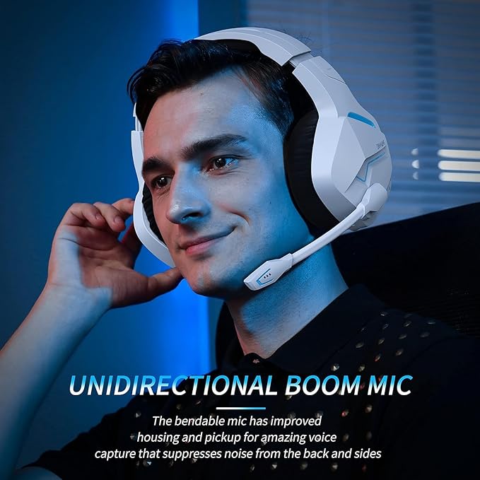 BINNUNE 2.4GHz Wireless Gaming Headset, Bluetooth 5.3 Gaming Headphones with Noise Canceling Mic, 120H Ultra-Long Battery, 50mm Drivers, Multi-Platform for PC / PS5 /PS4/ Switch/Mobile, White