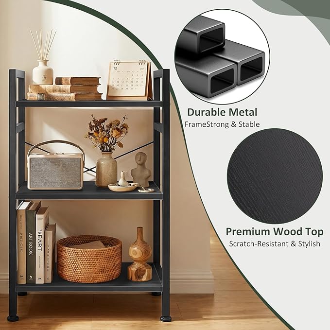 3 Tier Bookshelf, Free Standing Wooden Bookcase with Open Storage Shelves with Metal Frame, Sturdy Shelf Organization Display Rack for Living Room, Bedroom, Home Office, 27.6" Tall, Black