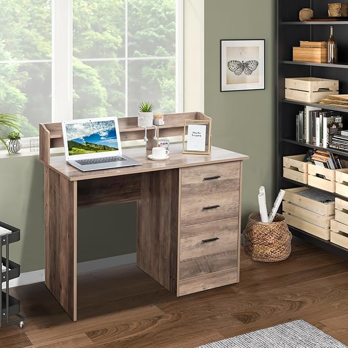 Karl home Grey Computer Desk with Drawers ＆ Hutch, Modern Home Office Desks with Storage for Kids Students Teens, Small Wood Table for Work Study Gaming Writing, PC Laptop Workstation