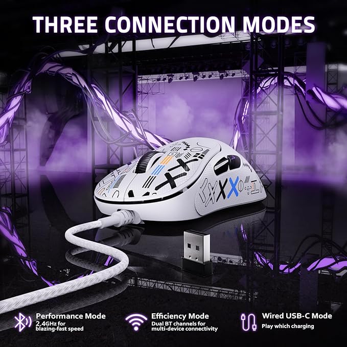 ZIYOU LANG × HXSJ T700 Wireless Gaming Mouse,Adjustable 10K DPI 1K Optical Sensor,2.4G/BT/USB-C 6 Programmed Buttons,56g Lightweight Right-Handed Ergonomic Computer Mice for PC/Mac-White&Griptape