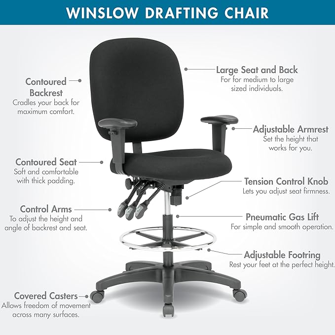 Studio Designs Winslow Drafting Work Chair with Foot Rest - Adjustable Height Chair - Contoured for Desk or Drafting Table
