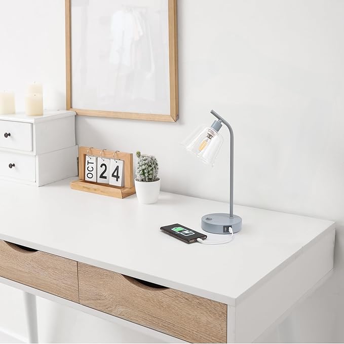Simple Designs LD1074-GRY 15.75" Sleek Essentials Modern Industrial Metal Desk Lamp with Clear Glass Shade and Dual USB Ports, for Office, Desk, Nightstand, Dorm, Gray