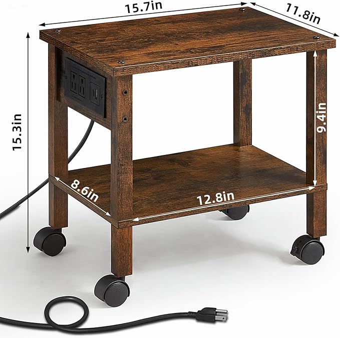 YUFAM 2 Tier Under Desk Printer Stand with Storage, Small Printer Table with Charging Station, Rolling Printer Cart Shelf with Lockable Wheels for Home, Office (Brown)
