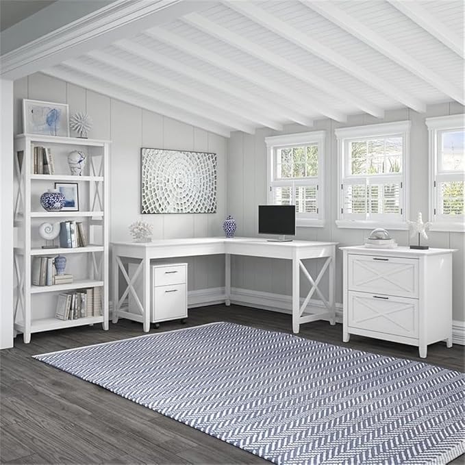 Pemberly Row 60W L Shaped Desk with File Cabinets and 5 Shelf Bookcase, Multiple Finishes, Home Office Furniture Set, Spacious Work Surface, Adjustable Bookcase Shelves, Filing Drawers for Documents