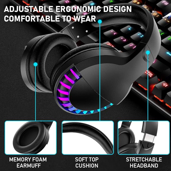 Wireless Bluetooth Headphone with Noise Cancellation HiFi Stereo Sound Mic Deep Bass Protein Earpad Rainbow RGB Backlight Rechageable Over Ear Headset for PC Mac Game Travel Class Home Office(Black)
