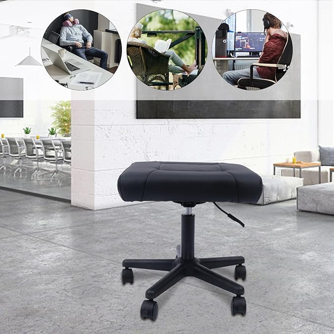Black Adjustable Foot Stool with Wheels, Footrest Adjustable Height Footstool, Height Adjustable Rolling Leg Rest, Comfortable and Soft Leather Mat Footrest, for Bar, Home, Office Use