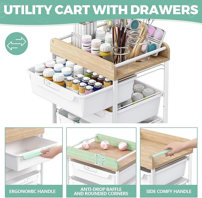 SYKIARIOL Rolling Cart with 6 Drawers,Utility Storage Cart with Drawers,Art Craft Organizers and Storage,Makeup Organizer with Wooden Tabletop,White