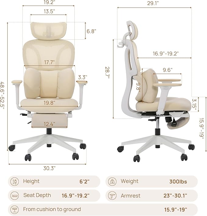 CabLady S1 Petite Ergonomic Home Desk Chair with Footrest and Headrest, High Back Fixed Lumbar Support with Detachable Pillow, Reclining Cute Office Chair for Women & Girls, 300 LBS Capacity