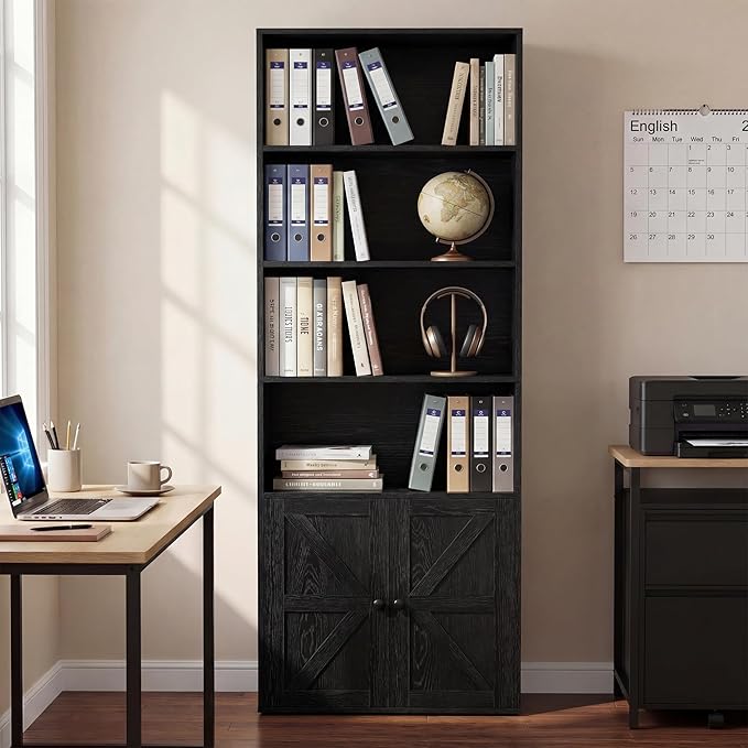 YESHOMY Farmhouse Bookshelf and Bookcase with Doors, Industrial Bookshelves and Bookcases Floor Standing Display 6-Tier Shelf Storage Shelves 71.5 inchs for Home Office, Living Room, Black, 1 PCS