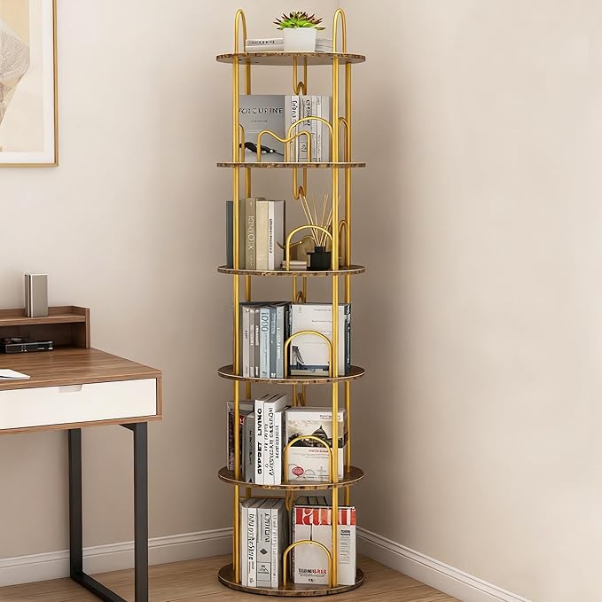 5 Tier Rotating Bookshelf, 360° Spinning Bookshelf Tower, Narrow Corner Book Shelf, Revolving Bookcase Corner Tall Book Shelf for Small Spaces, Bedroom, Living Room, Gold