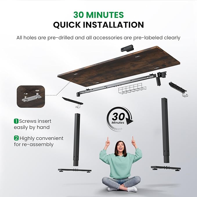 SIAGO Electric Standing Desk Adjustable - 63 x 24 Inch Sit Stand up Desk with 0.8 Inch Thick Tabletop - Adjustable Height Table with 3 Memory Preset, Cable Management for Home Office