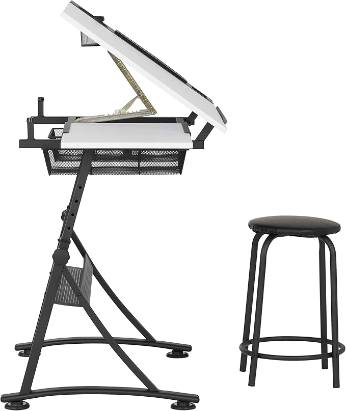 Fusion Drafting Table with Stool, Height Adjustable Desk with Tilt Top, Charcoal / White