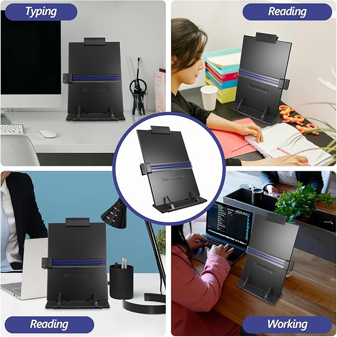 Homoyoyo Adjustable Document Stand and Book Reading Holder Desktop Copyholder for Office Use, Black Adjustable Angle Text and Recipe Holder for Desk Organization