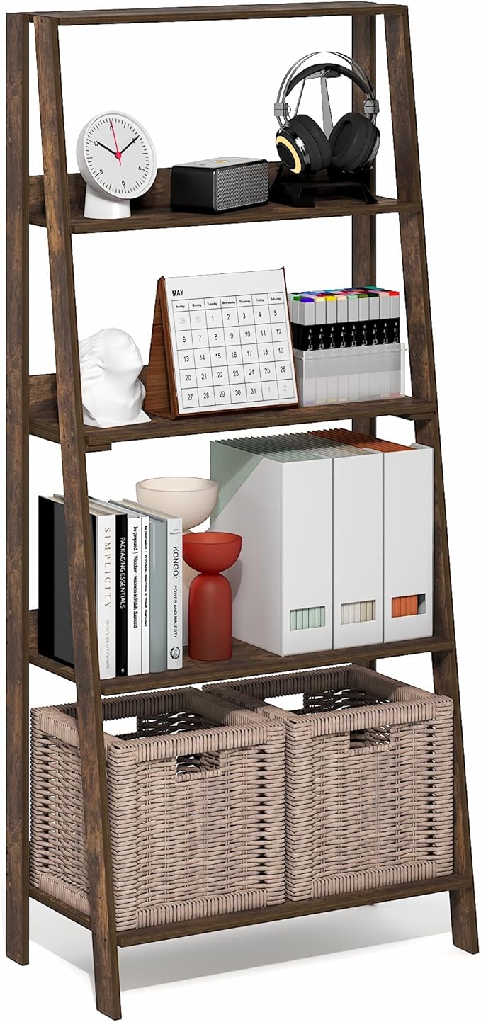 Furinno Ladder Book Shelf, 5-Tier Ladder Shelf, Open Frame Design Bookshelf, Standing Display Storage Shelves, 13 x 23.6 x 53.5, for Living Room, Home Office, Amber Pine