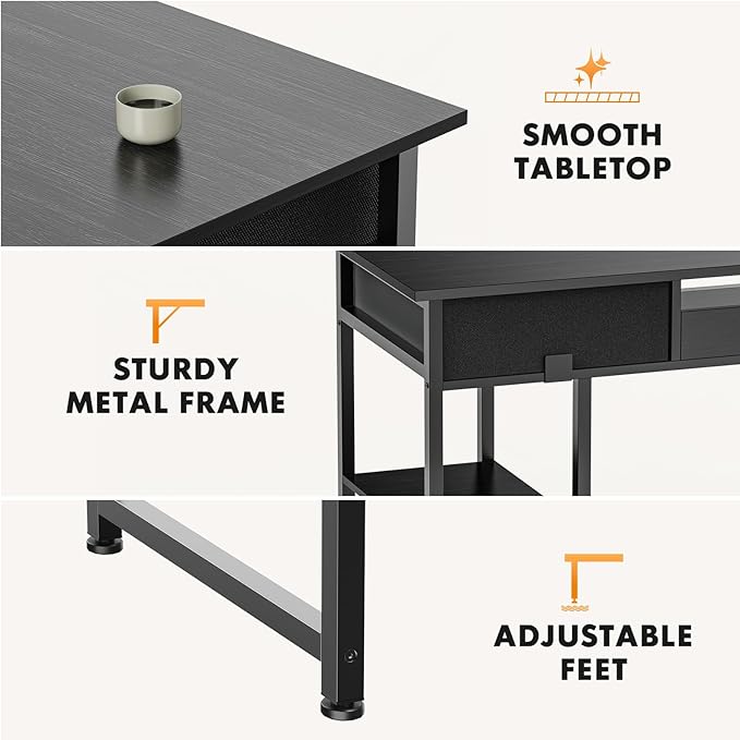 Sweetcrispy Computer Gaming Desk with Drawers- 48 Inch Home Office Bedroom Writing Study PC Table with Storage Shelves, Metal Frame Adjustable Feet, Pure Black