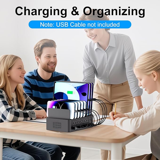 150W/35A Charging Station for Multiple Devices, 20 Port USB C Fast Charging Station with Adjustable Dividers - Organizer Charging Dock for Smartphone, iPad, Kindle, Tablet & More