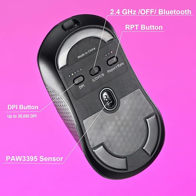 Keychron M3 Wireless Gaming Optical Mouse, Tri-Mode 2.4 GHz/Bluetooth 5.1/Wired, PixArt PAW 3395 sensor, 26000 DPI, LED RGB Backlit,79g Lightweight Programmable Macro Button for Windows PC/Mac - Black