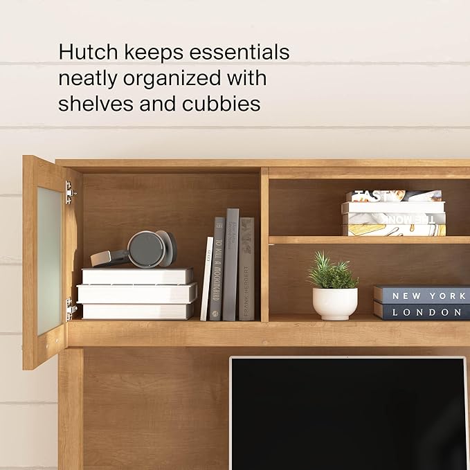 Bush Home 60-Inch Desk Hutch, Office Storage Organizer with Shelves, Cubbies and Frosted Glass Doors for Computer Desk, Home Office Furniture, Somerset Collection, Maple Cross