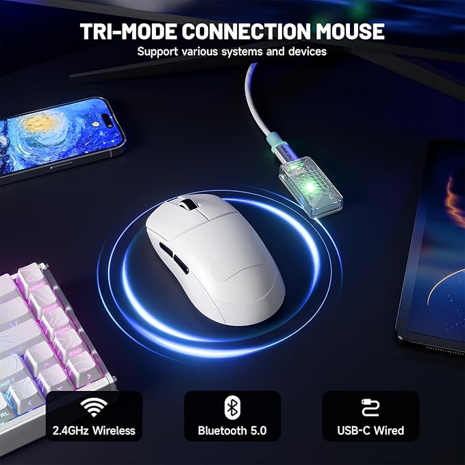 ATTACK SHARK X8 Ultimate Wireless Gaming Mouse,PAW3950MAX 42K DPI Sensor,Nordic 54L15 MCU,Wireless/Wired Dual 8K Polling,Optical Switch,59g Lightweight Tri-Mode Mice with Coiled Cable-White&Griptape