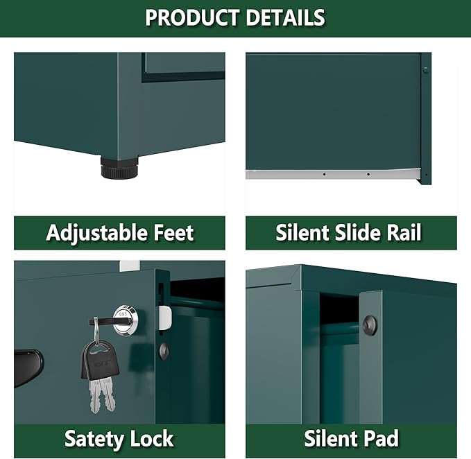 Polup 2 Drawer File Cabinet with Lock, Office File Cabinet with Drawers for Under Desk, Small Filling Cabinet for Home Office, Green, Assembly Required